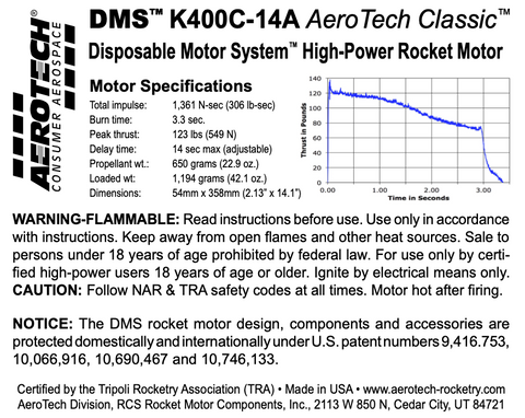 AeroTech K400C-14A 54mm x 358mm Single Use DMS 1-Motor Kit - 114014